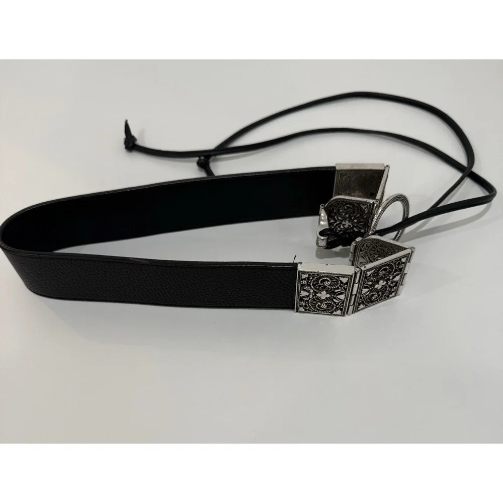 BRIGHTON SILVER BLACK LEATHER TIE WAIST BELT SZ LARGE‎
